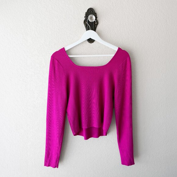 Bar III Crop Top Size Large Hot Pink Long Sleeve Square Neck Stretch Knit - Picture 5 of 6